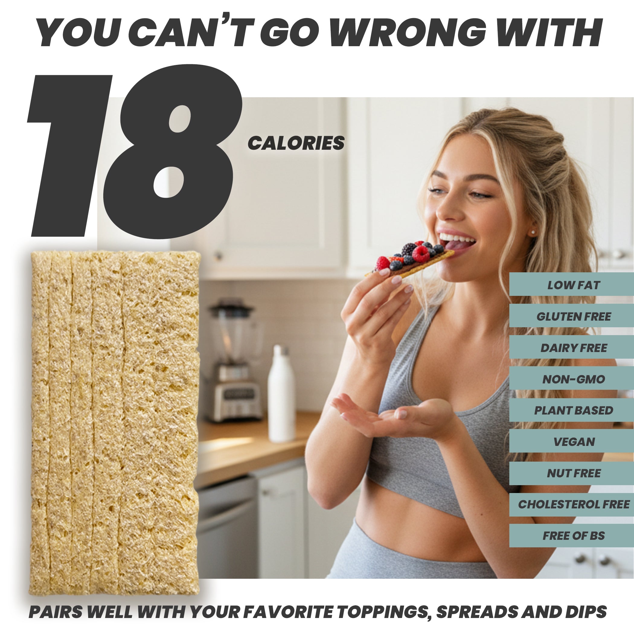 Woman eating a maszfita crispbread snack with text about nutritional benefits.