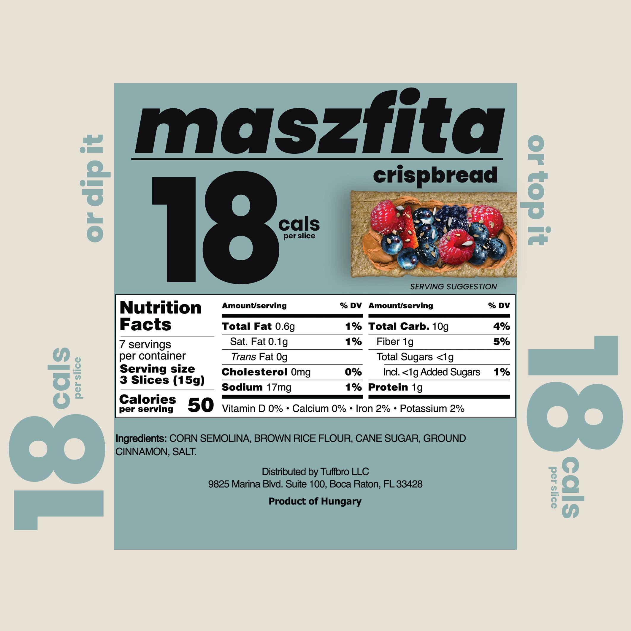 Maszfita crispbread packaging with nutritional information and branding on a light green background