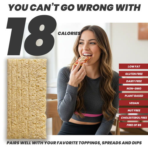 Woman eating a maszfita pizza flavored crispbread slice with nutritional information displayed on a white background