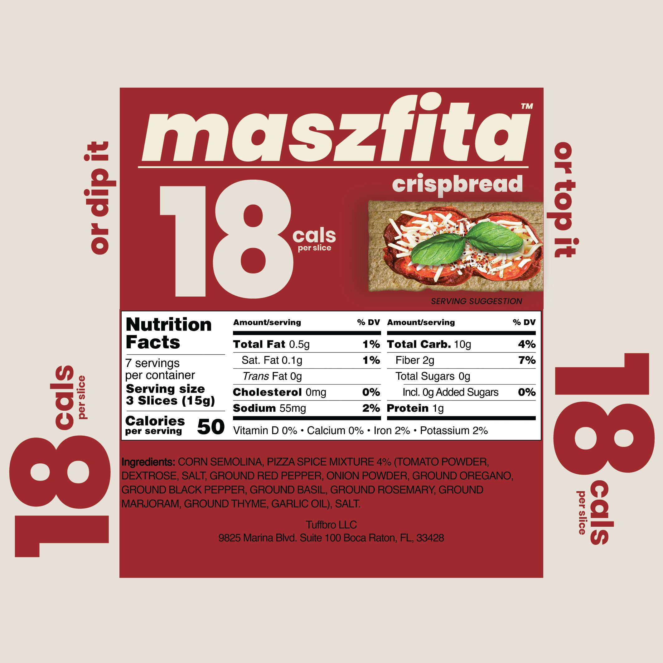 Nutrition label for maszfita crispbread with pizza spices with red and white design.