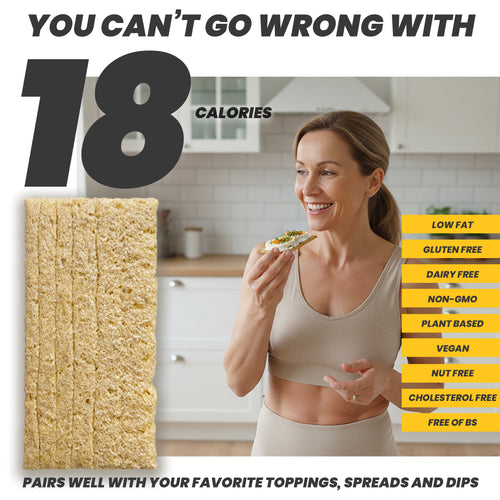 Woman eating a maszfita crispbread with nutritional benefits displayed