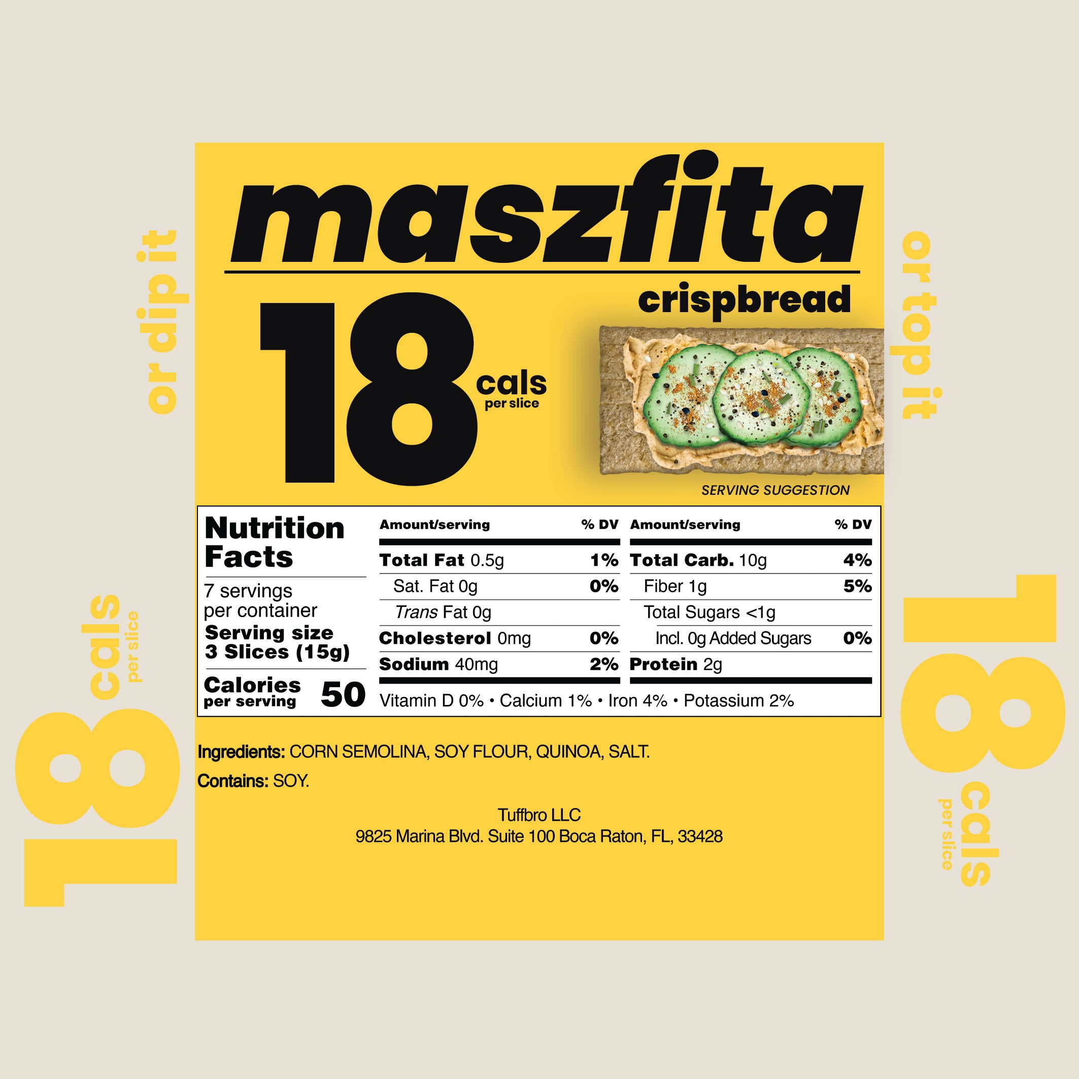 Maszfita Crispbread packaging with nutritional information and branding on a light beige background