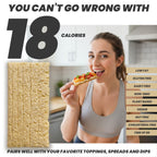 Woman eating a slice of maszfita crispbread slice with nutritional information and benefits displayed
