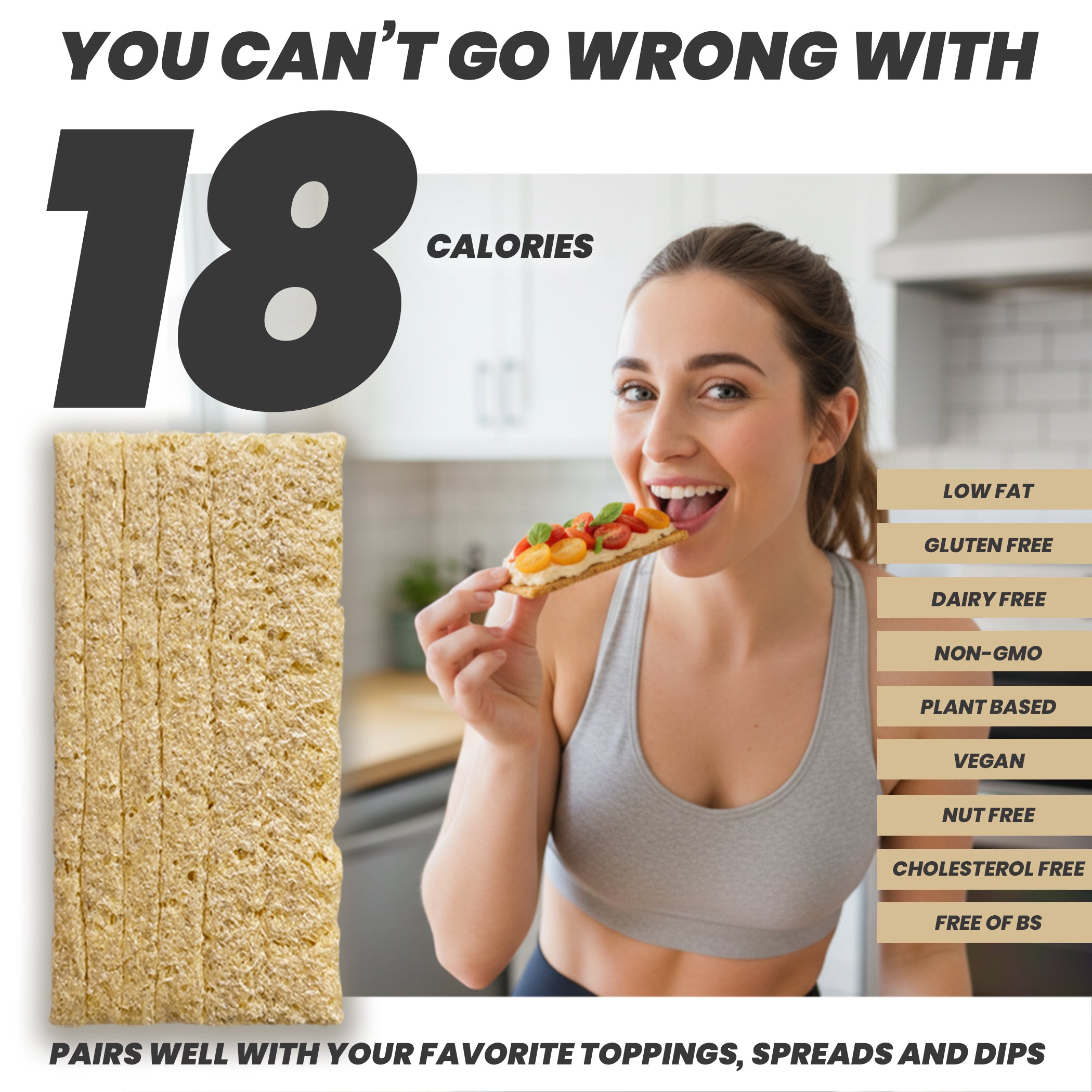 Woman eating a slice of maszfita crispbread slice with nutritional information and benefits displayed