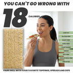 Woman eating a slice of maszfita crispbread slice with nutritional information and benefits displayed
