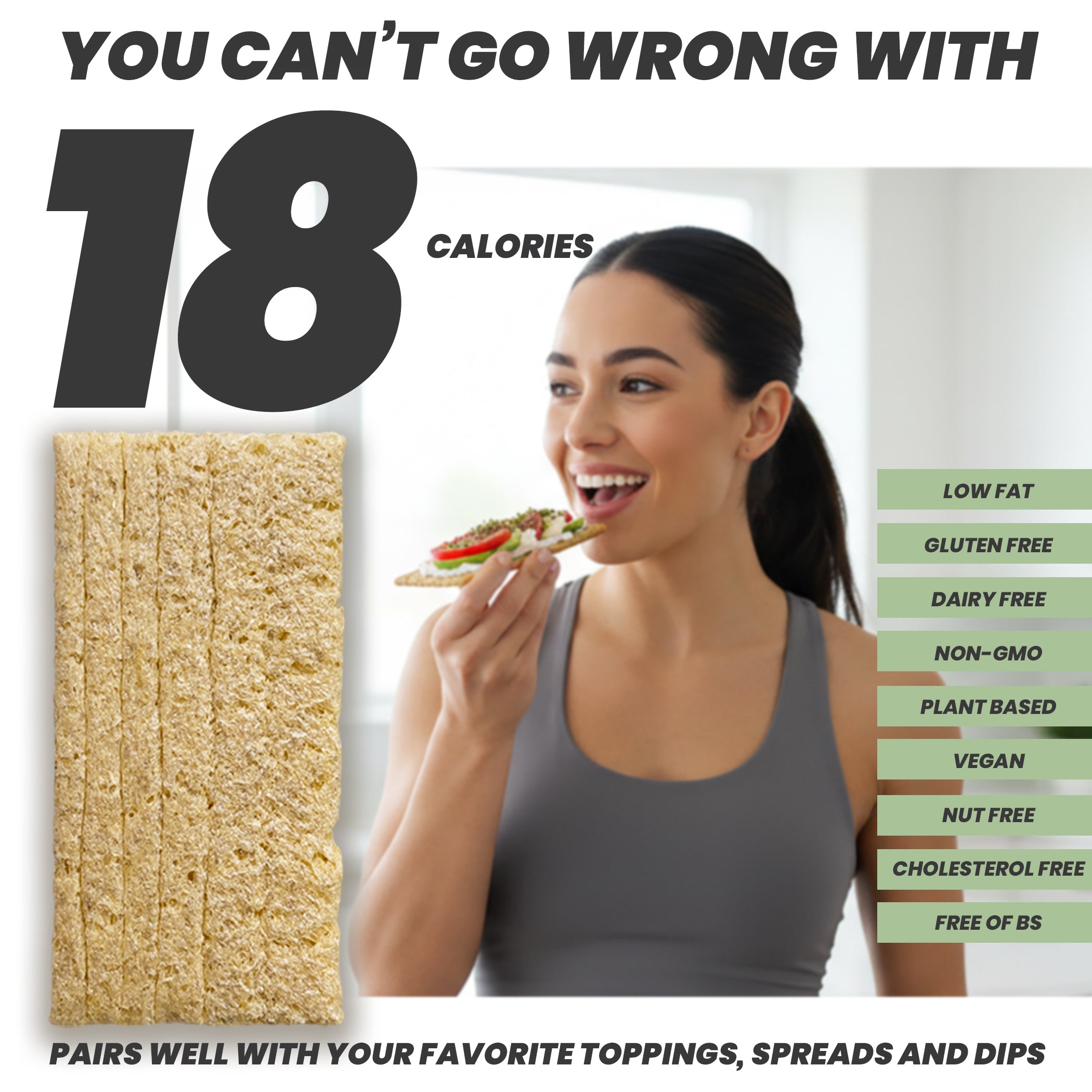 Woman eating a slice of maszfita crispbread slice with nutritional information and benefits displayed