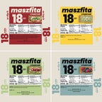 Four different labels for the four different flavors of maszfita crispbread packaging.