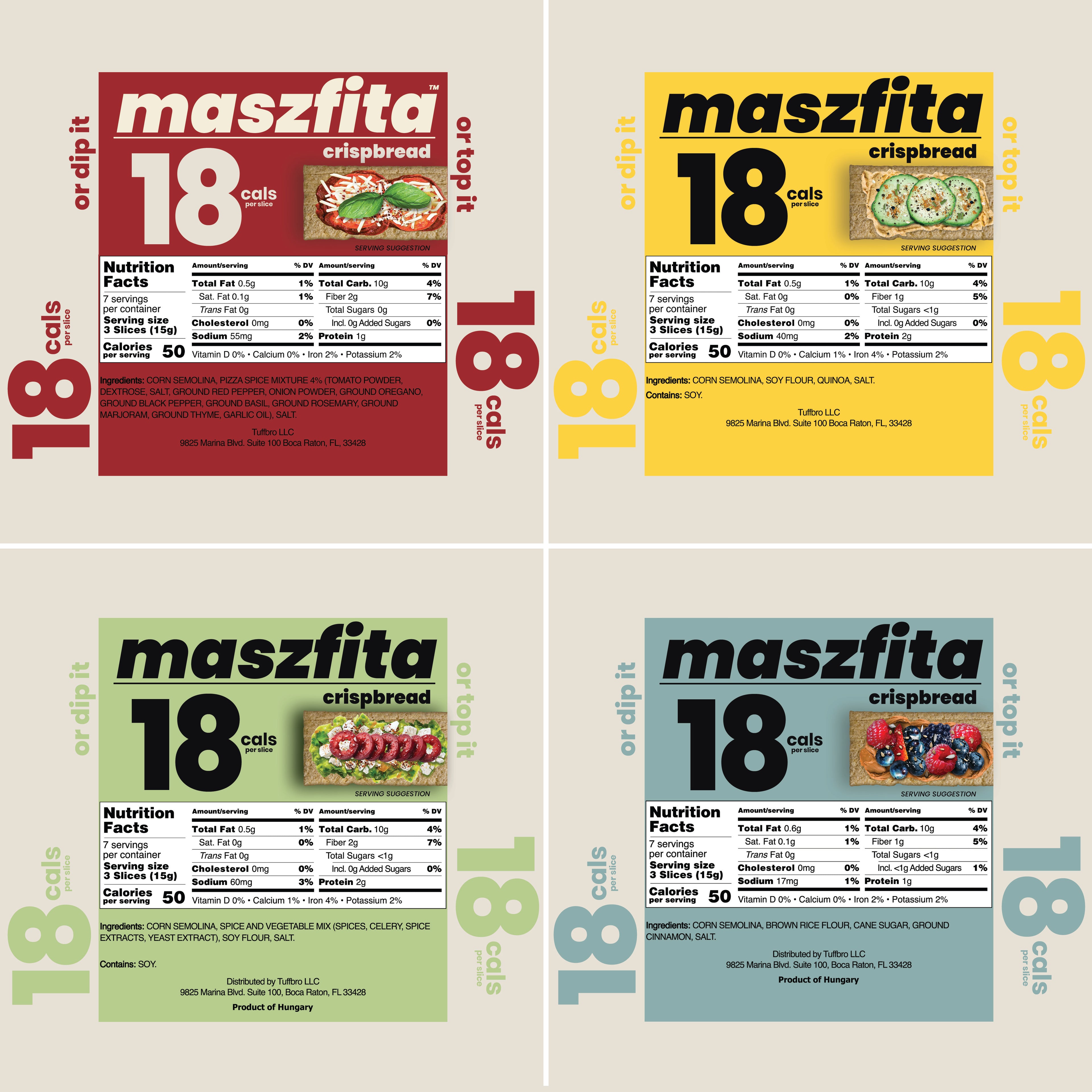 Four different labels for the four different flavors of maszfita crispbread packaging.