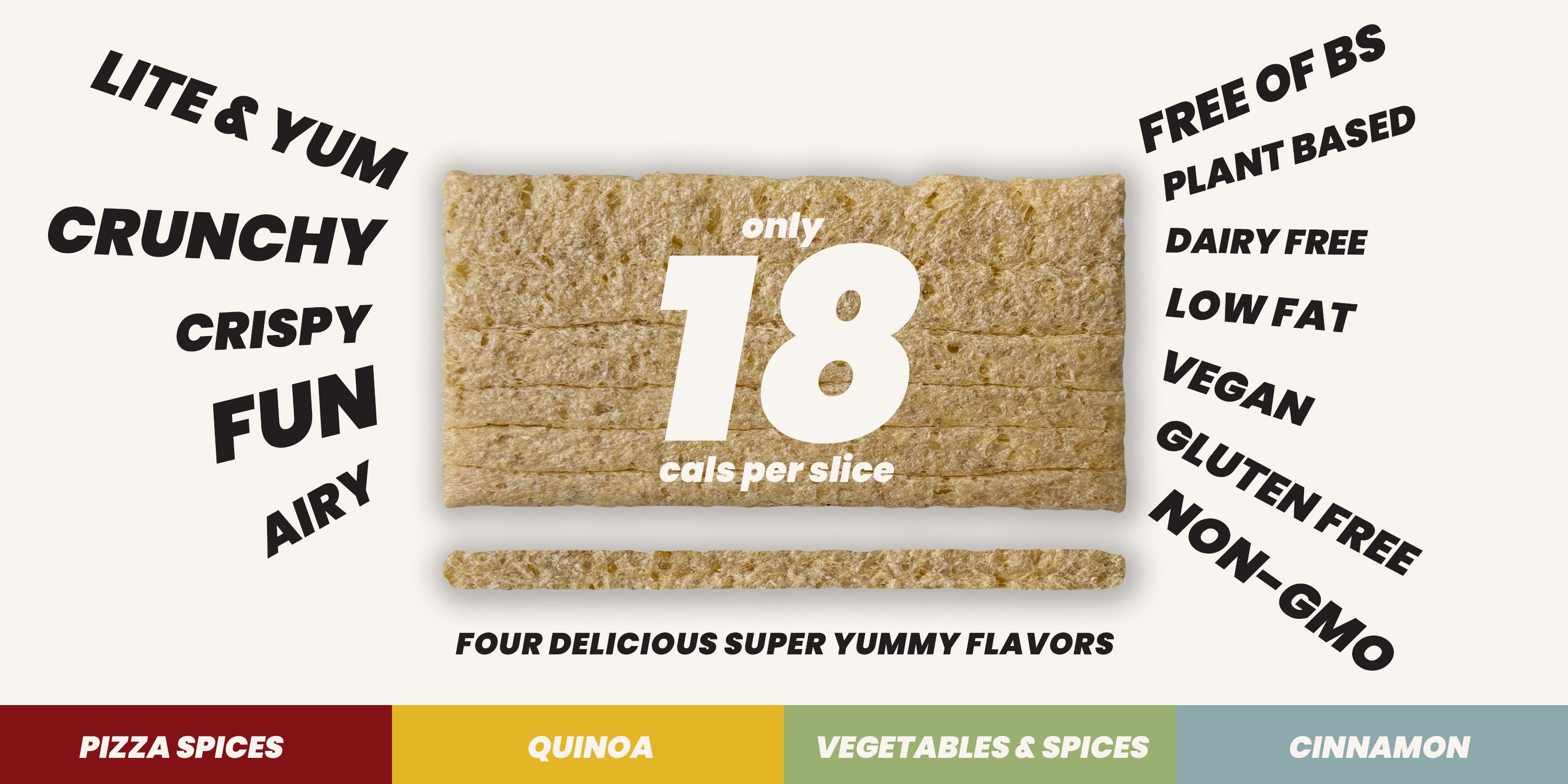 A slice of maszfita crispbread highlighting health benefits and flavor options on a white background