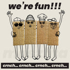 Maszfita crispbread cartoon characters with cardboard boxes for bodiesbeige background with text 'we're fun!!! crnch.