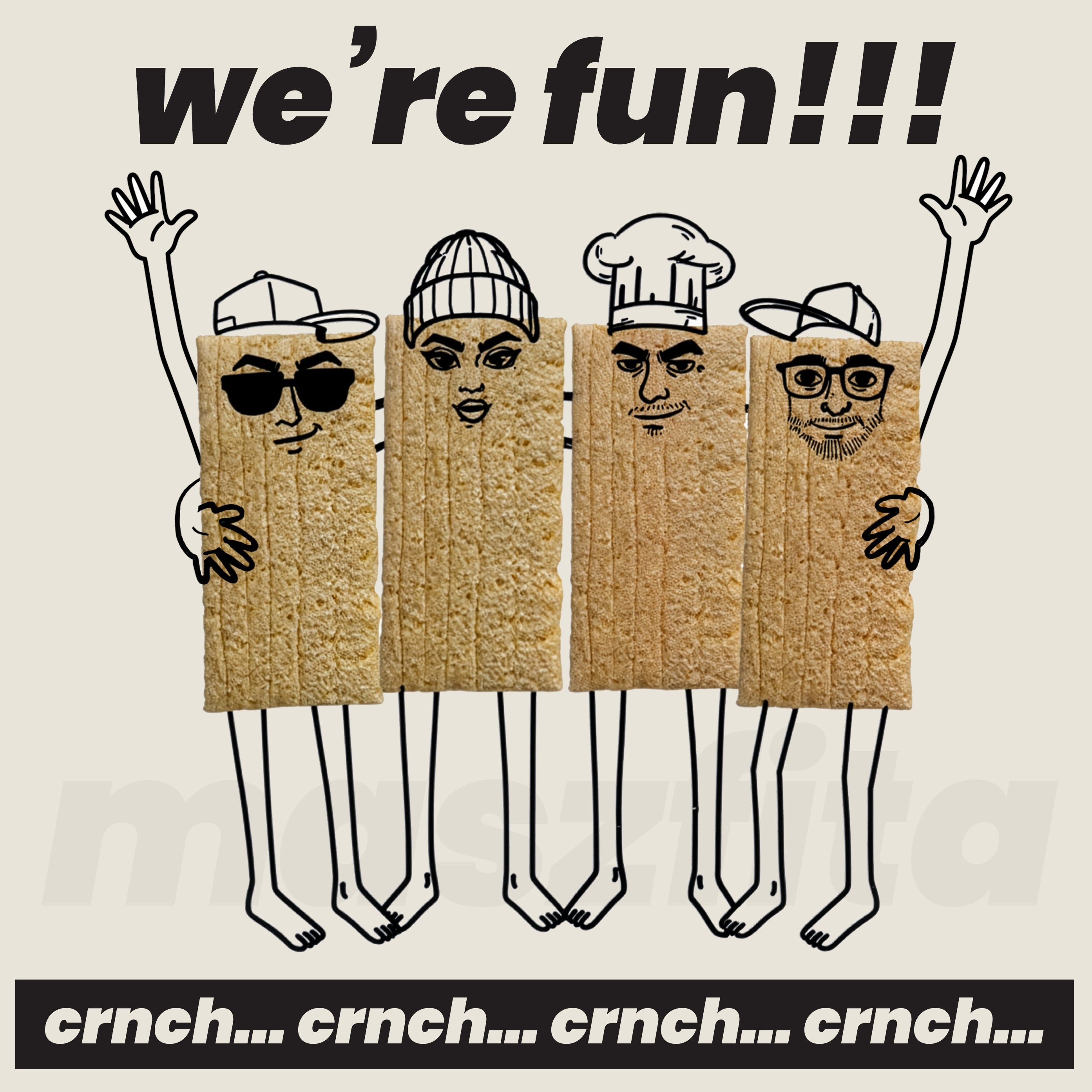 Maszfita crispbread cartoon characters with cardboard boxes for bodiesbeige background with text 'we're fun!!! crnch.