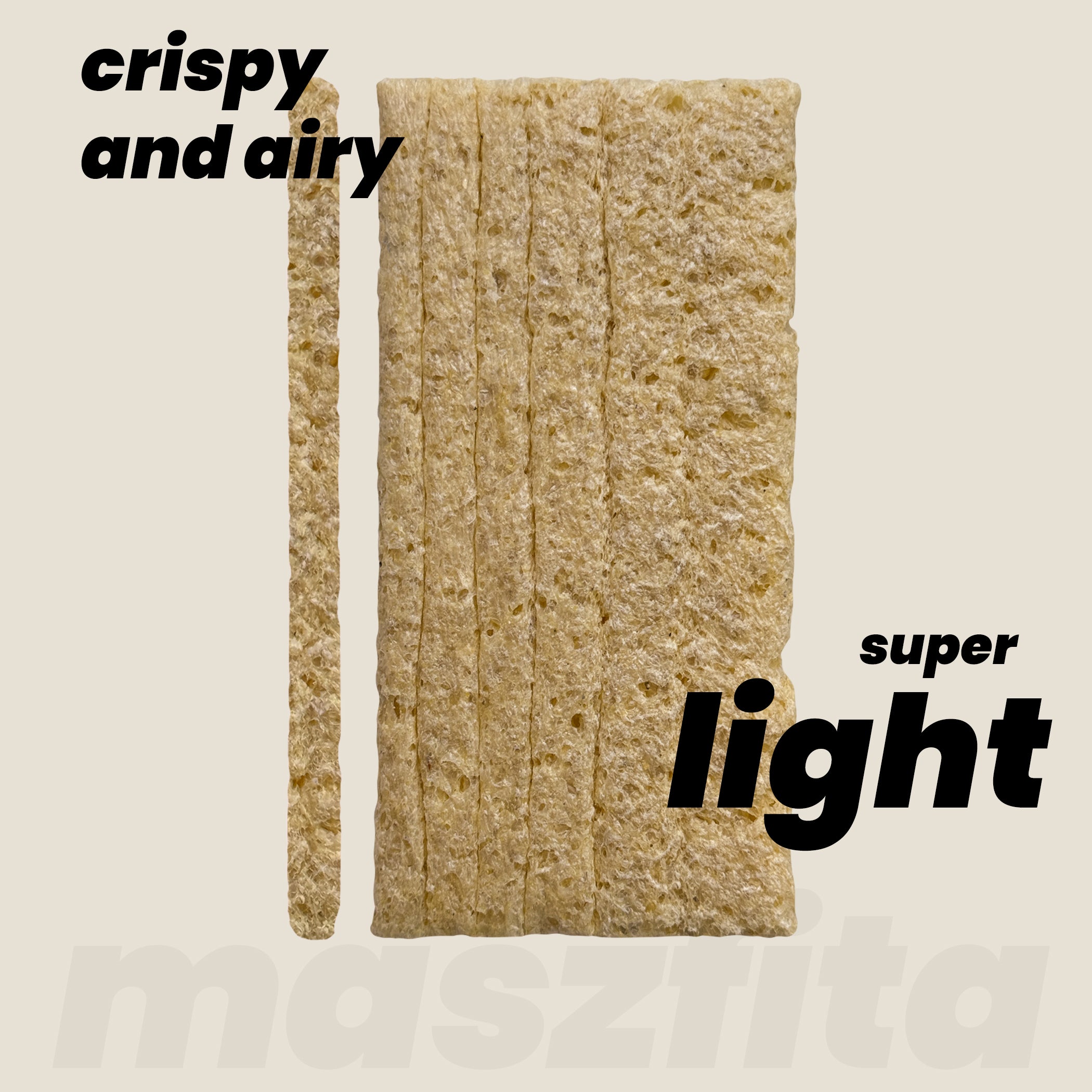 Crispy maszfita crispbread slice with text 'crispy and airy' and 'super light' on a beige background