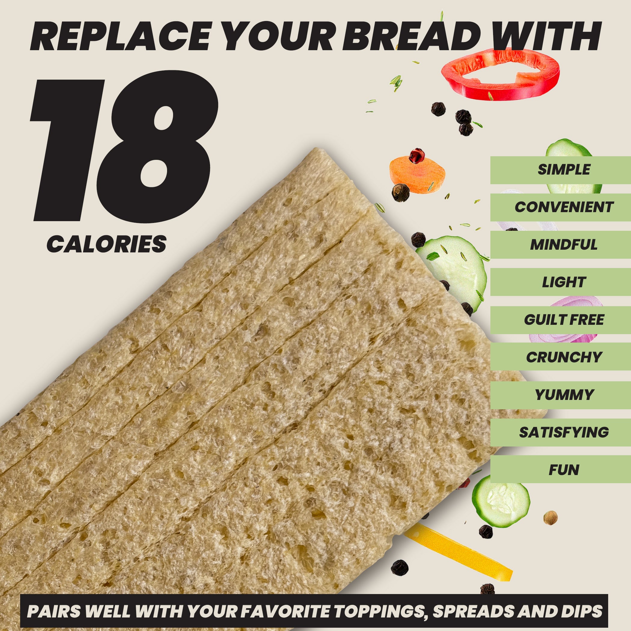 Maszfita crispbread with vegetables and spices with health benefits listed on a beige background