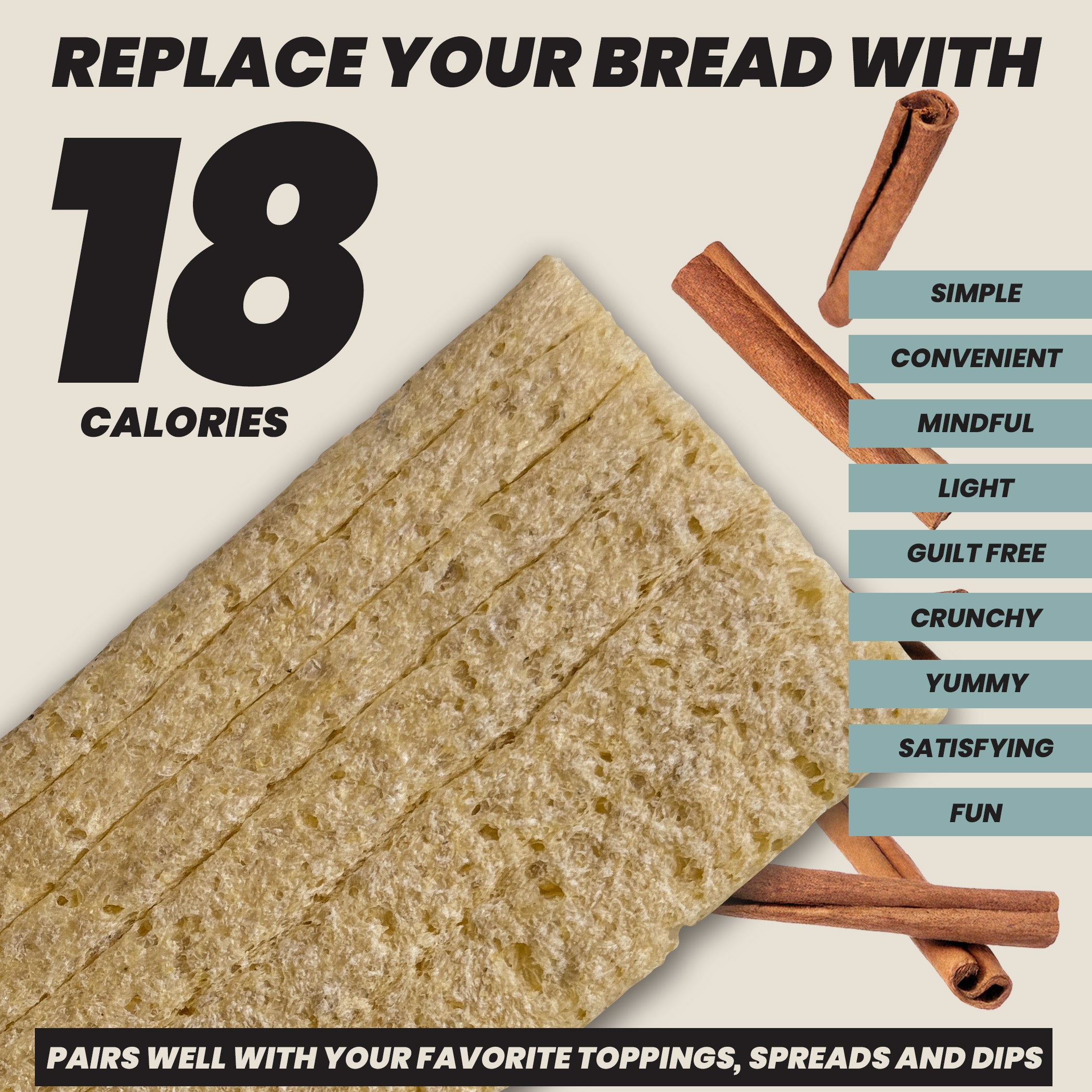 maszfita crispbread with cinnamon sticks and text about calorie count and benefits on a light background