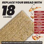 maszfita crispbread slice with pizza spices and text about calorie reduction and benefits on a beige background