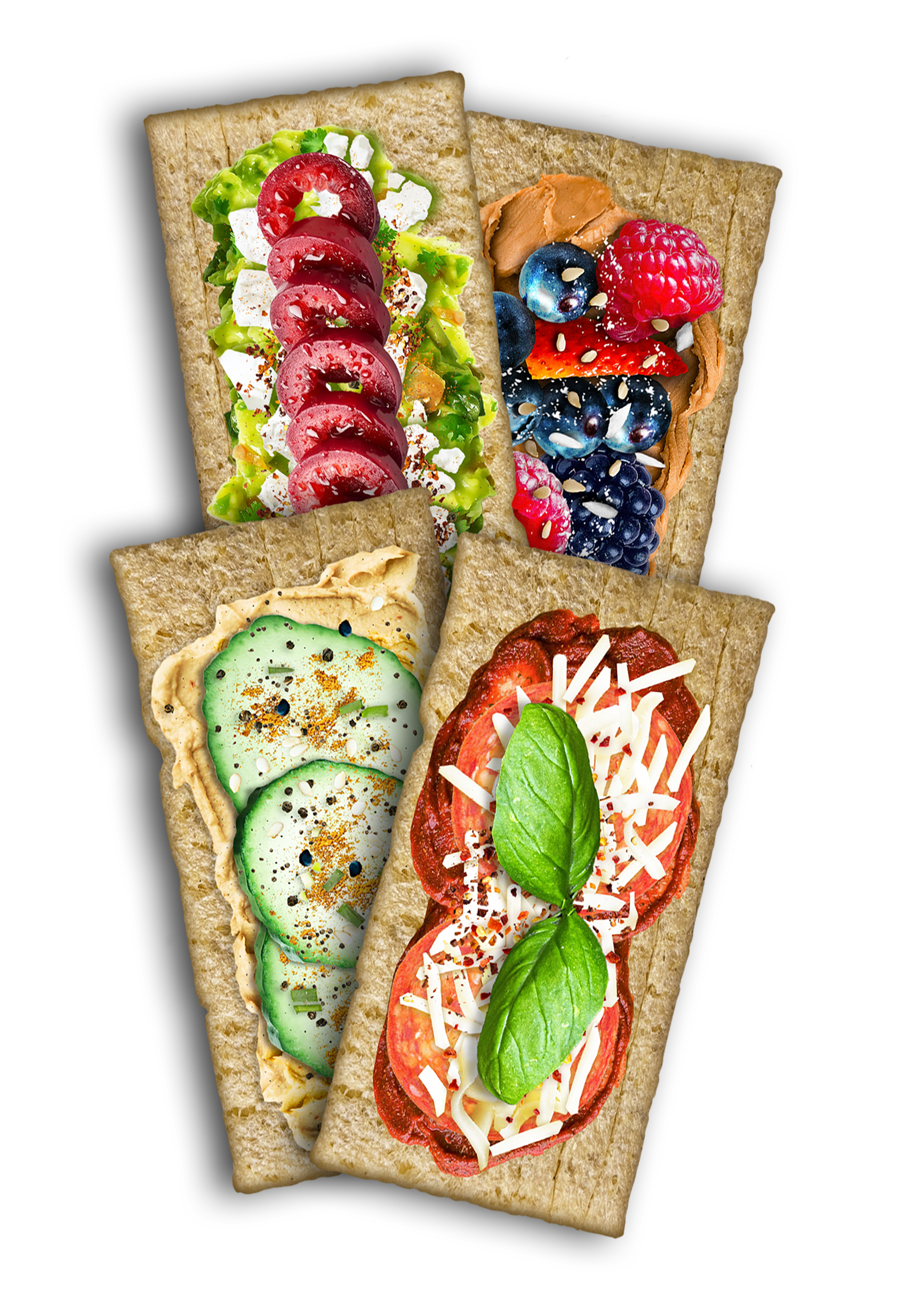 Four maszfita crispbread slices with various toppings on a white background