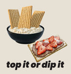 Bowl of cottage cheese with crispbreads, a crispbread slice with strawberries, and text 'top it or dip it' on a beige background