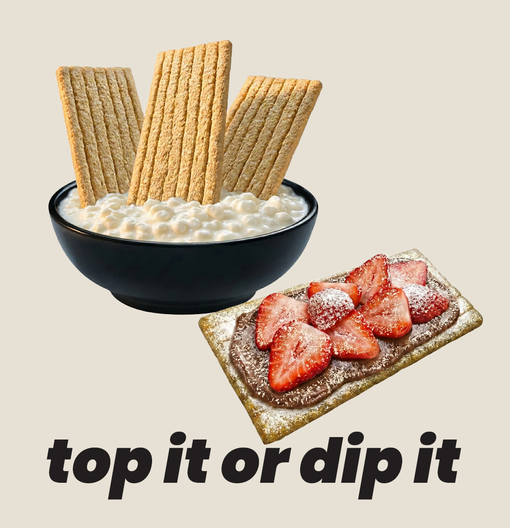 Bowl of cottage cheese with crispbreads, a crispbread slice with strawberries, and text 'top it or dip it' on a beige background