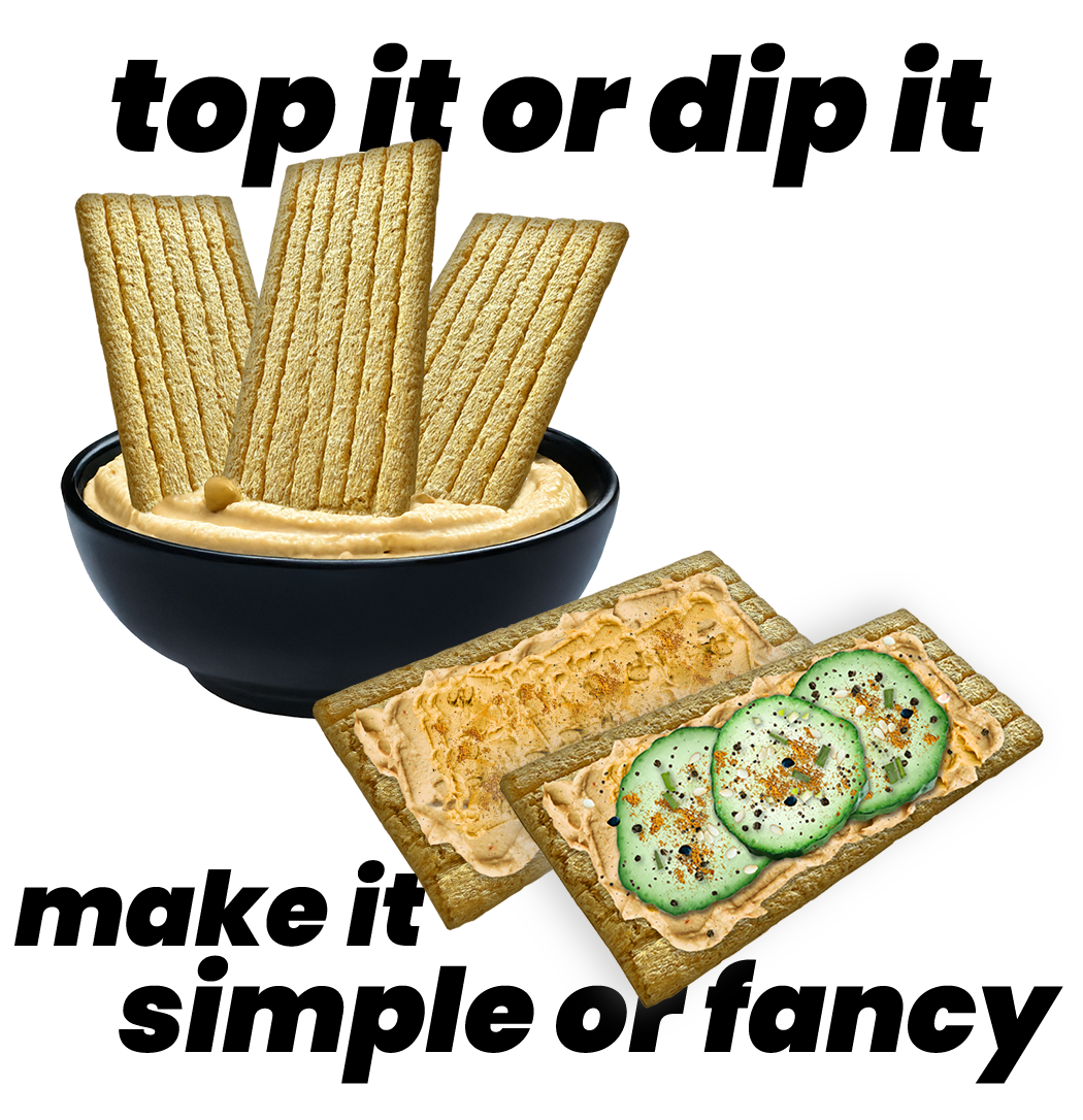 Bowl of hummus with maszfita crispbread and two slices of crispbreads topped with hummus and cucumbers.