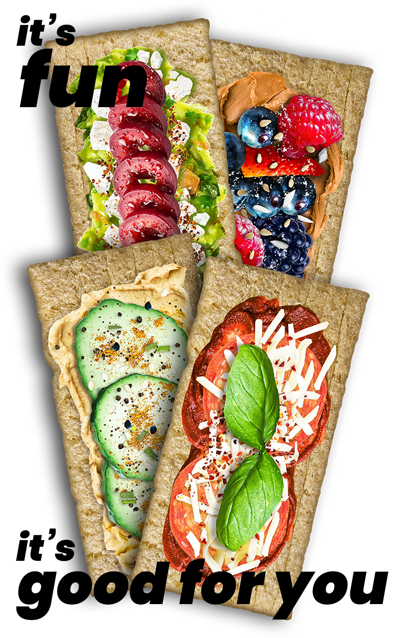 Four types of maszfita crispbreads with various toppings on a white background, with text 'it's fun' and 'it's good for you'.