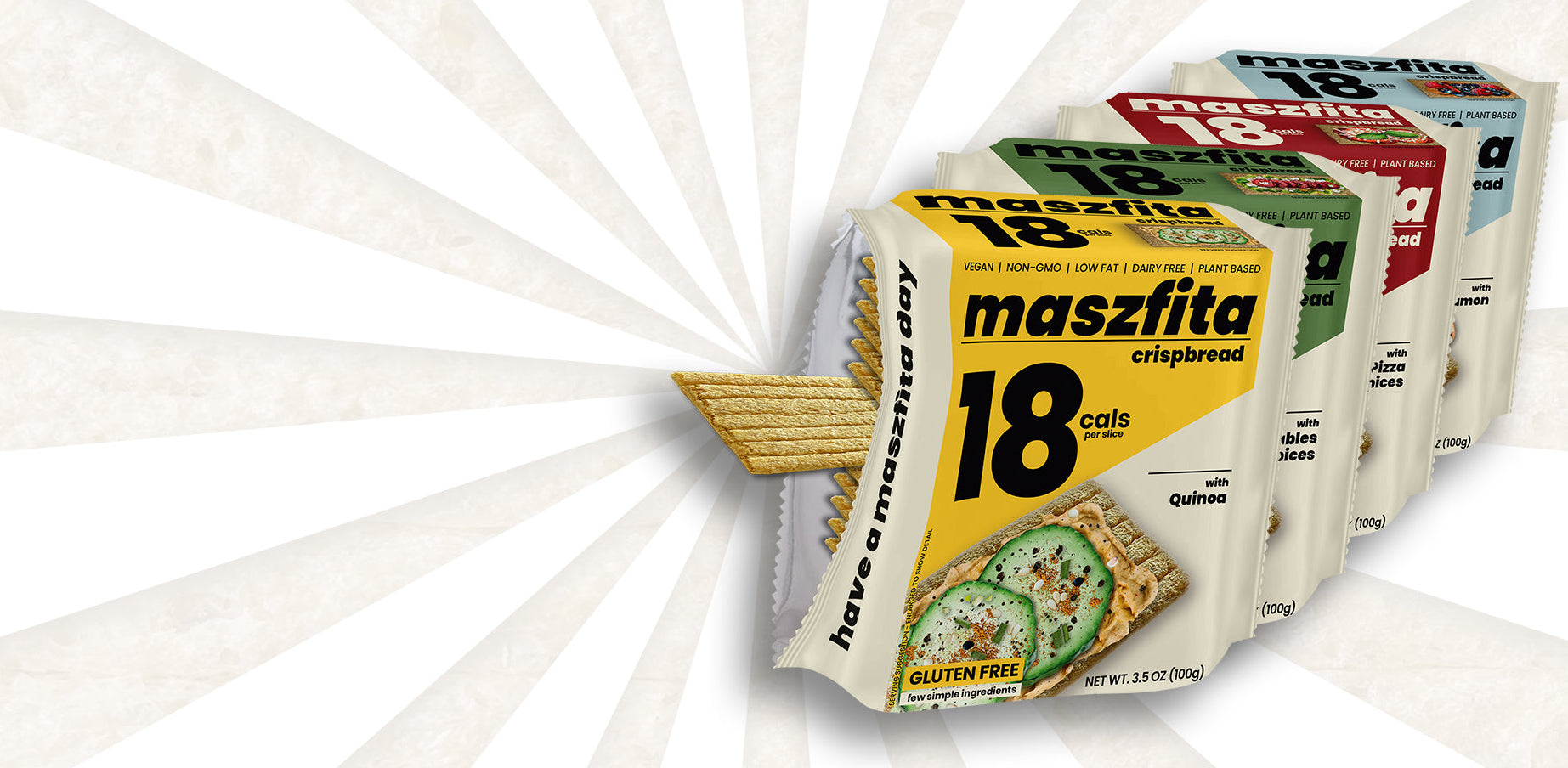 4 packages of Maszfitta crispbreads on a white background