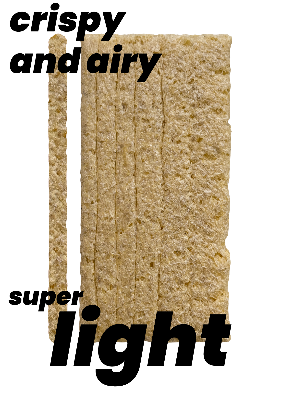 Textured maszfita crispbread with 'crispy and airy' and 'super light' text on a white background