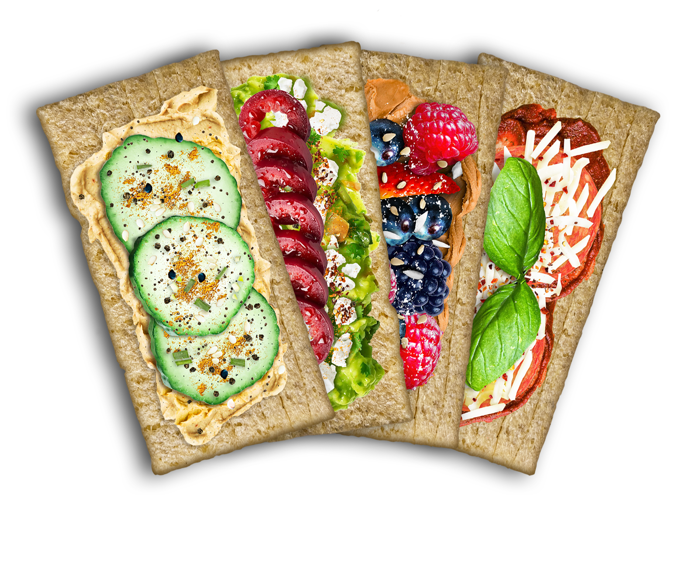 Four maszfita crispbreads with various toppings including hummus, avocado, peanut butter and berries, pizza and vegetables on a white background