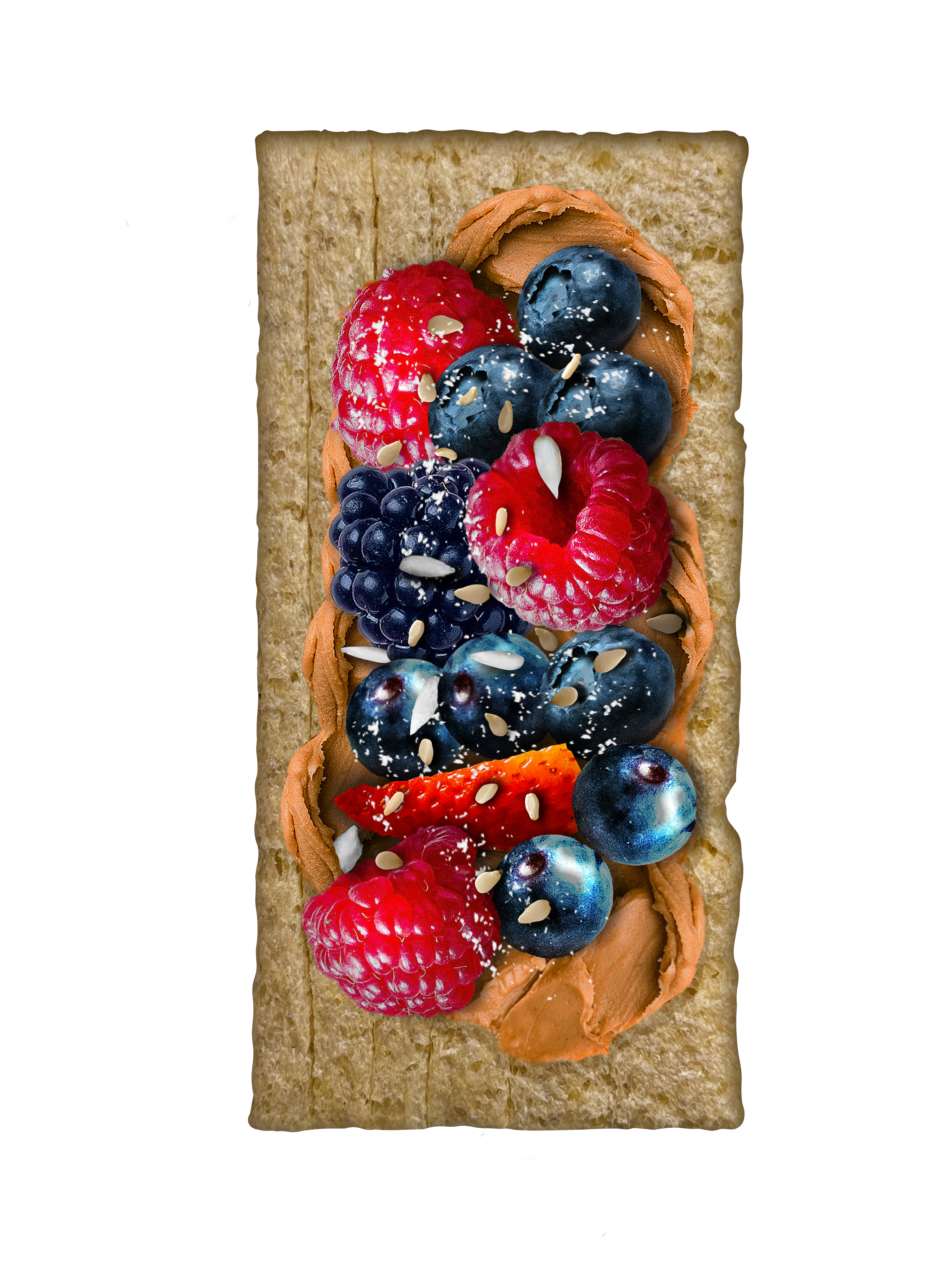 Maszfita crispbread slice with peanut butter and berries and seeds on a white background