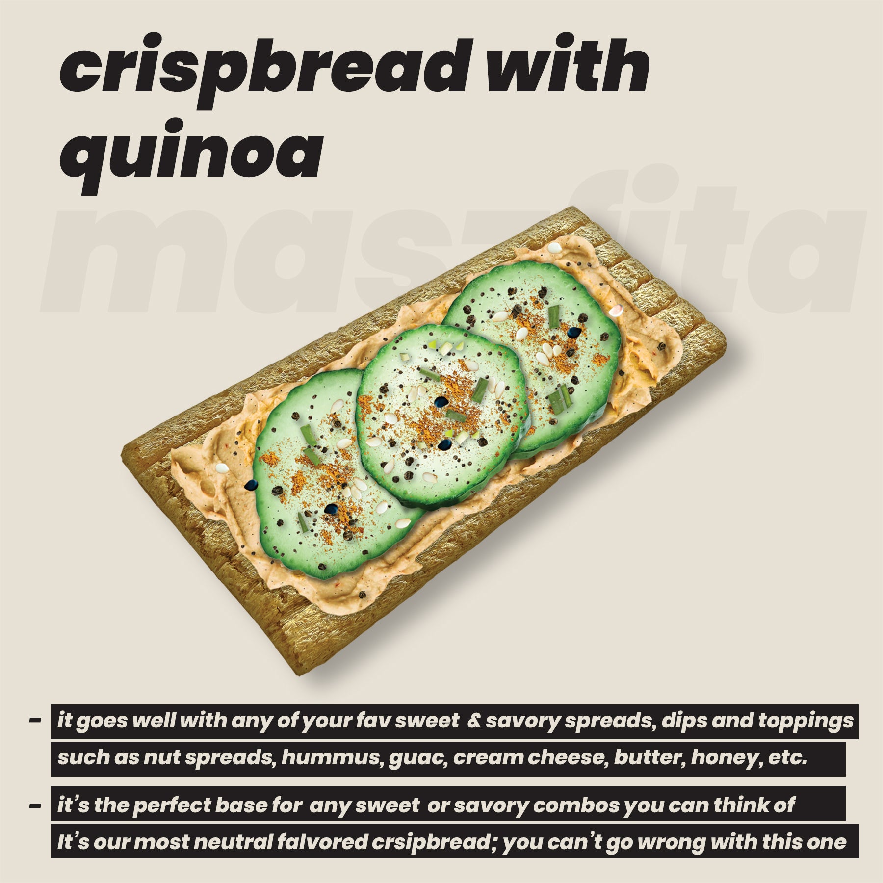 maszfita crispbread with quinoa and other toppings on a beige background and versatility information