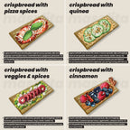 Four different flavors of maszfita crispbread with various toppings on a beige background