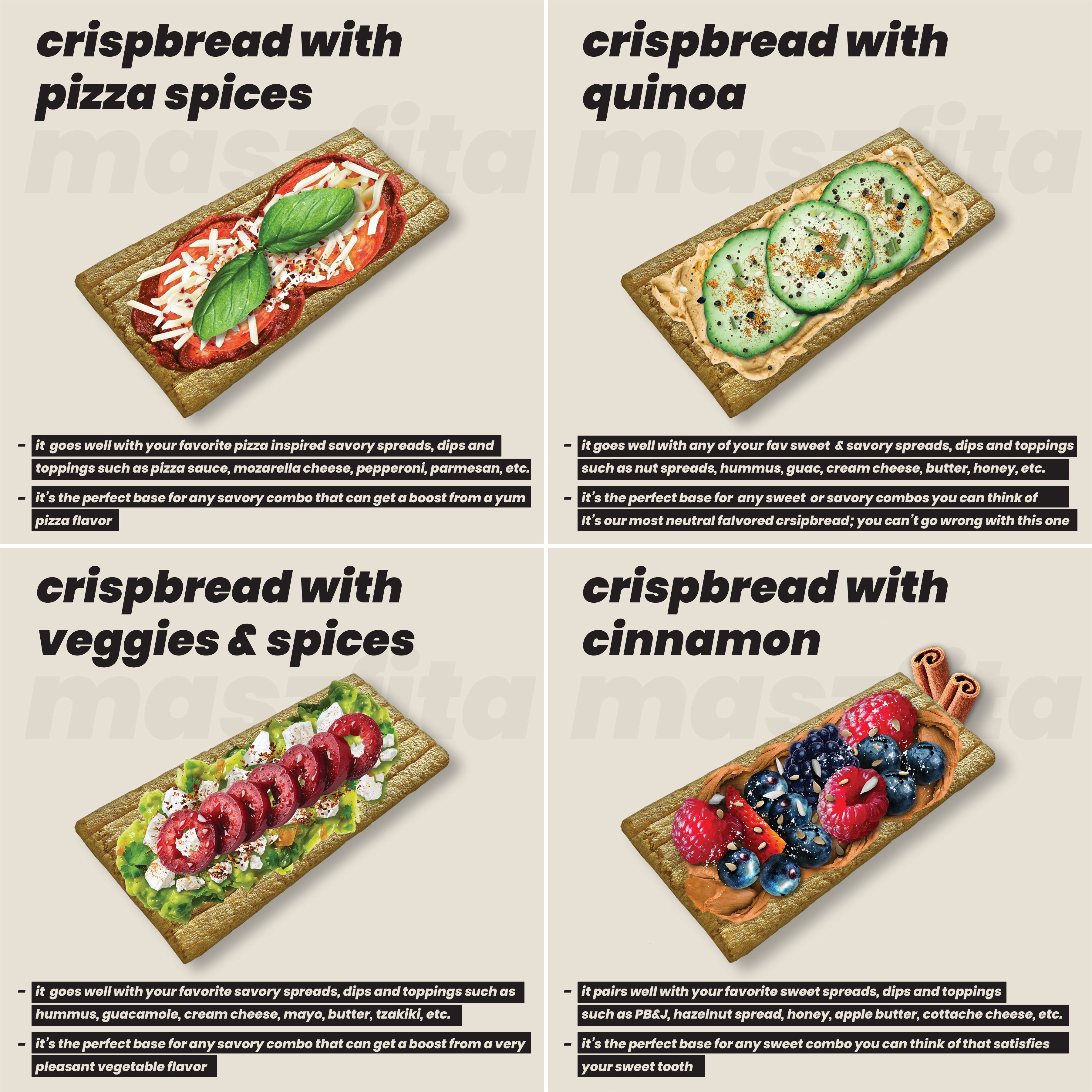 Four different flavors of maszfita crispbread with various toppings on a beige background