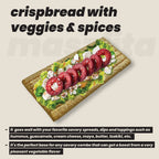Maszfita Crispbread with vegetables and spices on a beige background and versatility info, what it goes well with.
