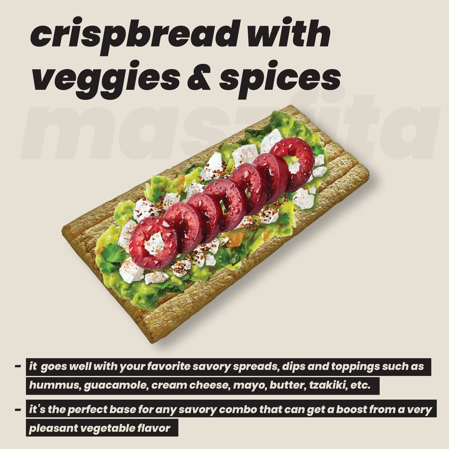 Maszfita Crispbread with vegetables and spices on a beige background and versatility info, what it goes well with.