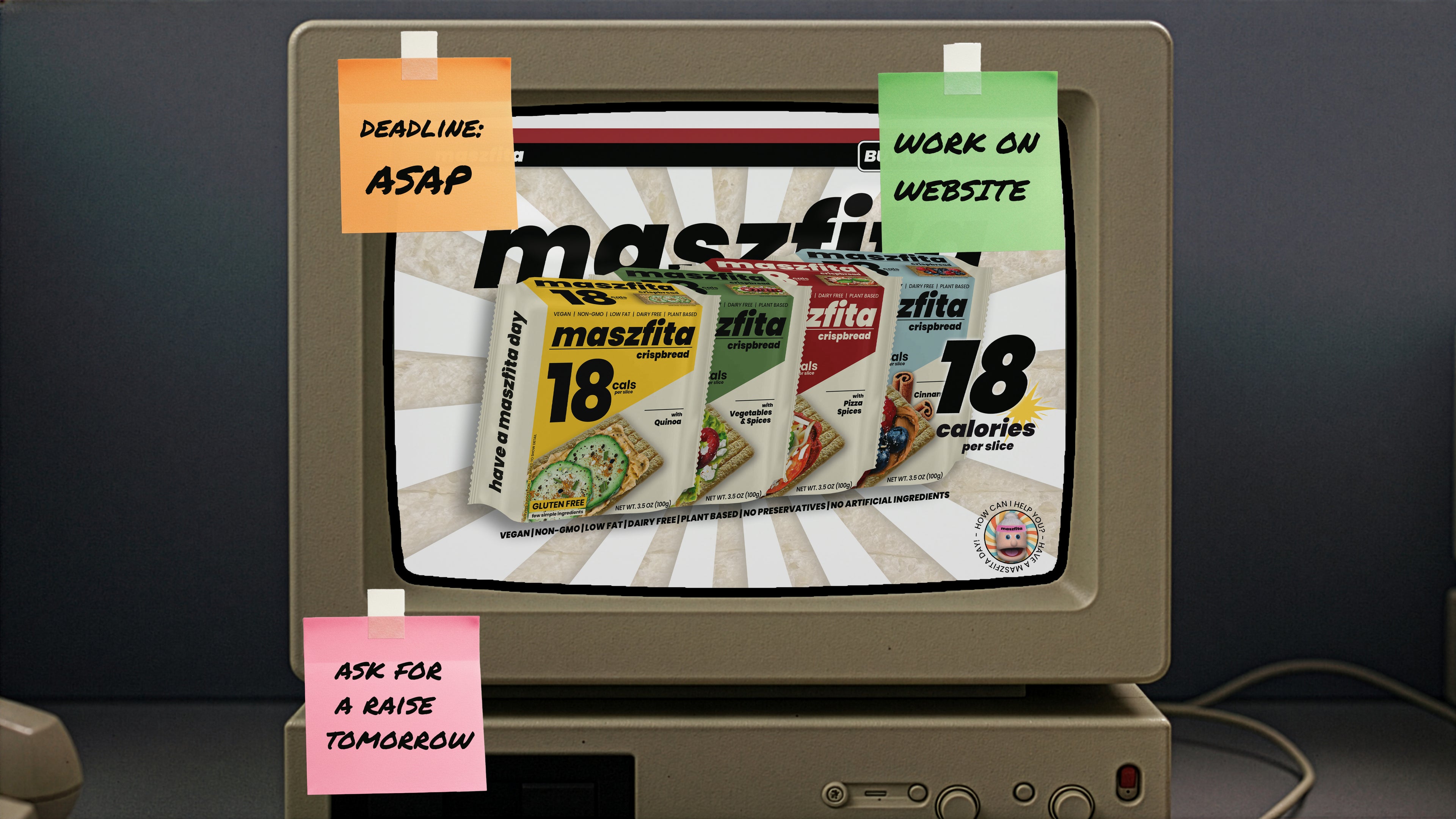 A vintage computer screen showing the 4 flavors of maszfita packs on screen. There are post-its attached to the computer.